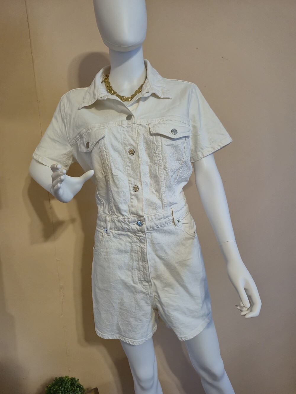 Zara White Short-Sleeve Denim Romper